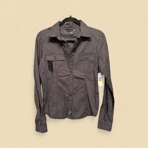 NWT Y2K Era Fox Charcoal Button Down Embellished Print Shirt Size Medium